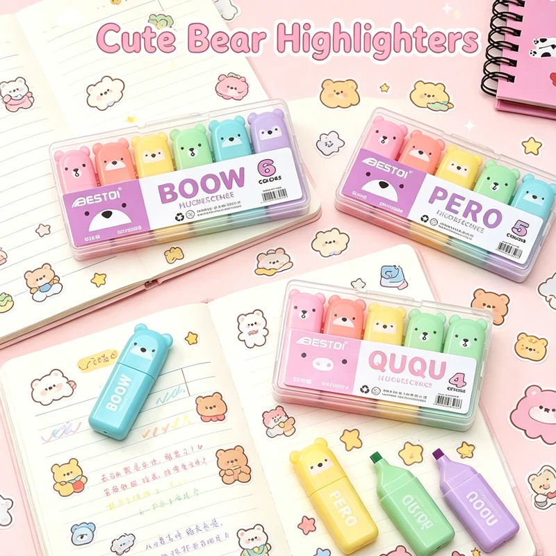 Kawaii Bear Highlighter Pens S - đánh giá và giá Pastel Highlighter Set Double Ended